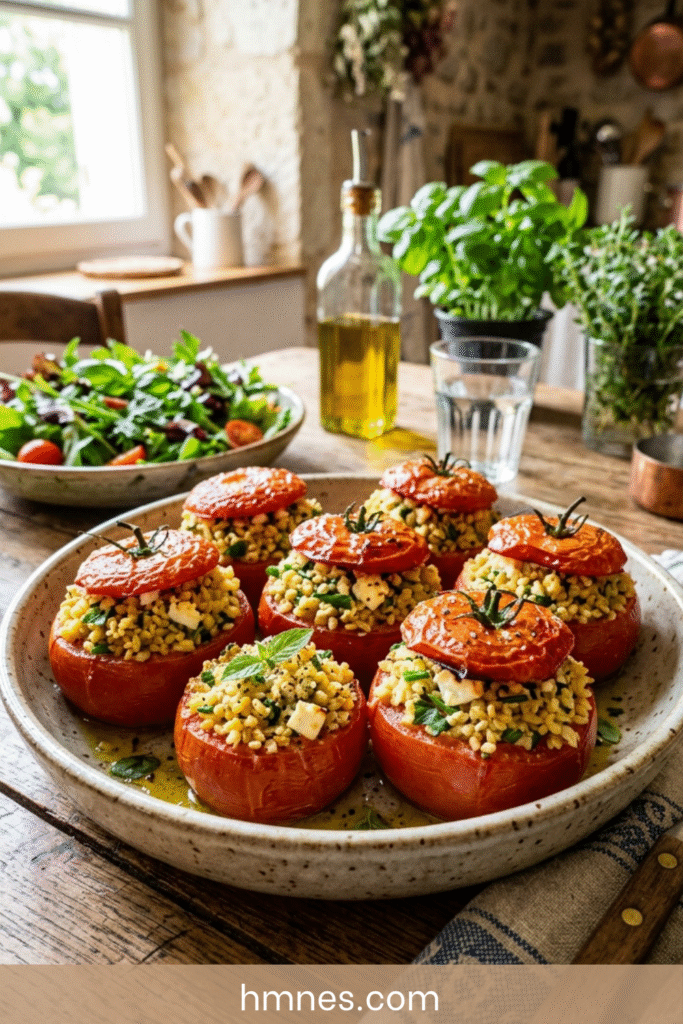 Tomates farcies au boulgour, feta et herbes fraîches servies dans un plat rustique avec une garniture dorée et parfumée.