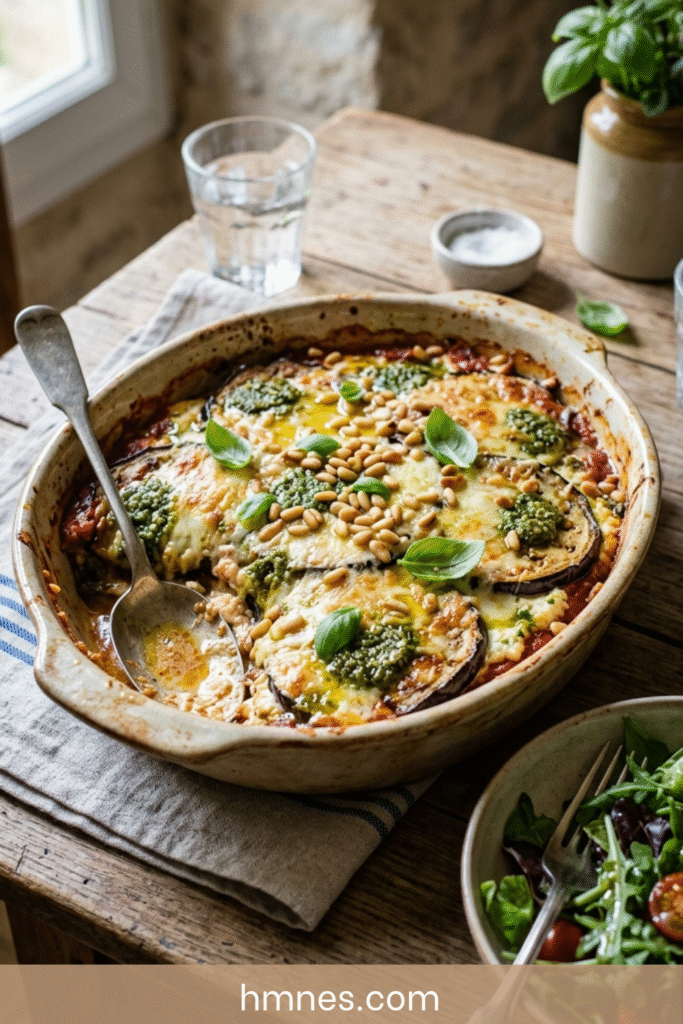 Gratin d’aubergines ricotta pesto et pignons doré au four dans un plat rustique avec basilic frais et texture fondante.