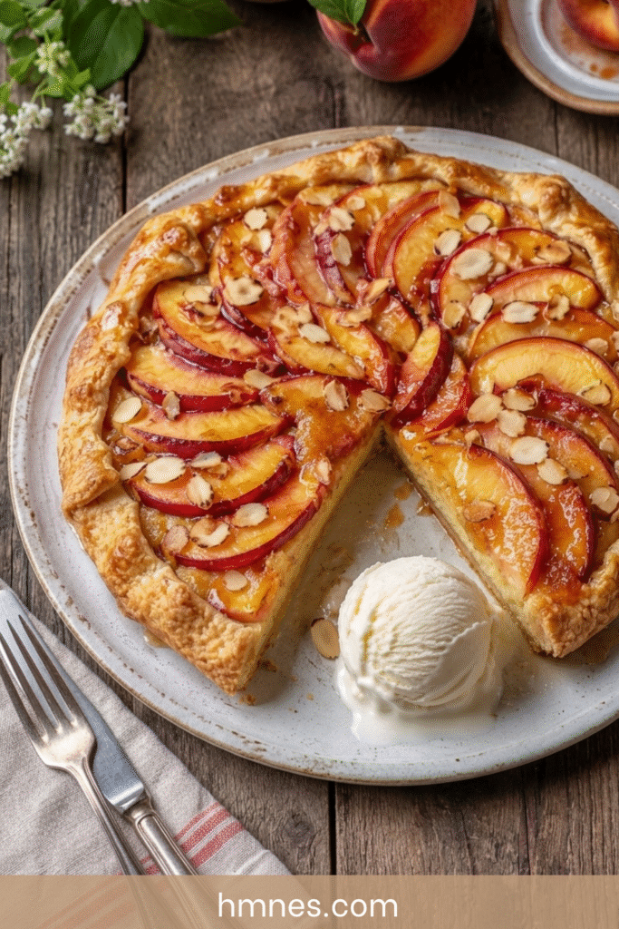 Tarte rustique nectarines crème d’amande dorée au four avec fruits fondants, pâte croustillante et amandes effilées.