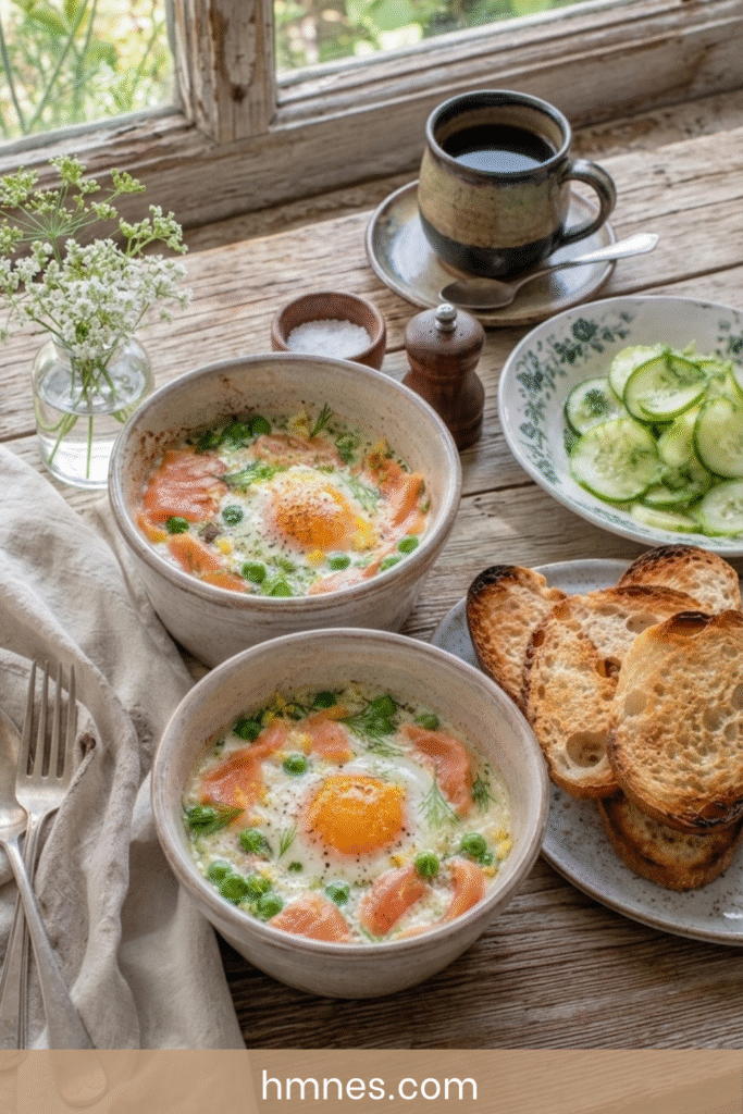 Œufs cocotte petits pois, saumon fumé et aneth servis dans des ramequins rustiques avec crème légère et pain grillé.
