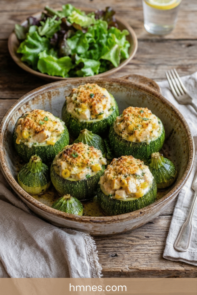 Courgettes farcies poulet, maïs et fromage frais gratinées au four dans un plat rustique avec herbes fraîches.