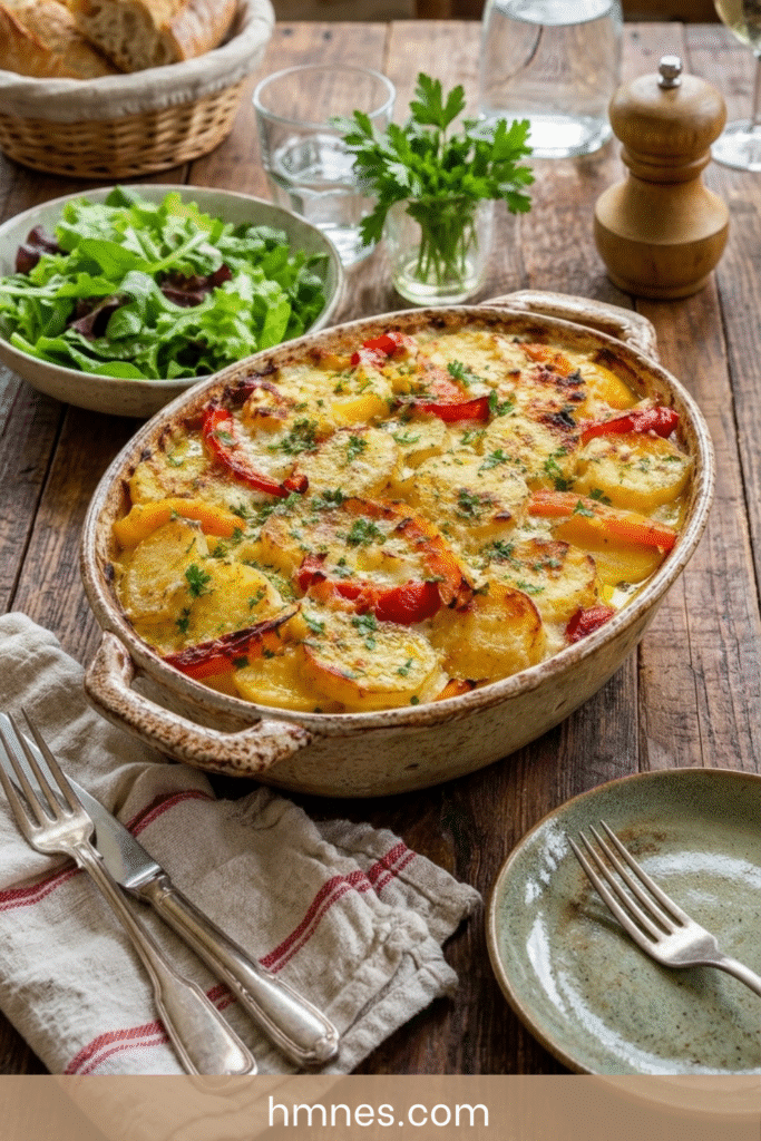 Gratin pommes de terre poivrons et comté doré au four dans un plat rustique avec poivrons rôtis, crème fondante et herbes fraîches.