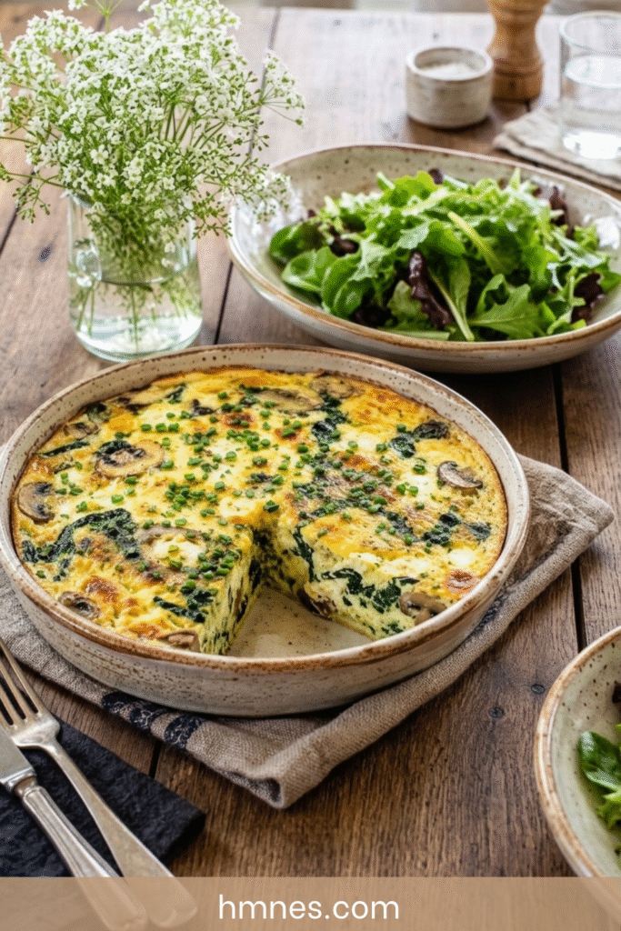Quiche sans pâte épinards, champignons et fromage frais dorée au four dans un plat rustique avec salade verte.