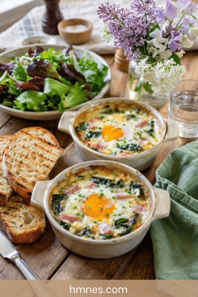 Œufs cocotte blettes, jambon blanc et tomme râpée servis dans des ramequins rustiques avec crème fondante et pain grillé.