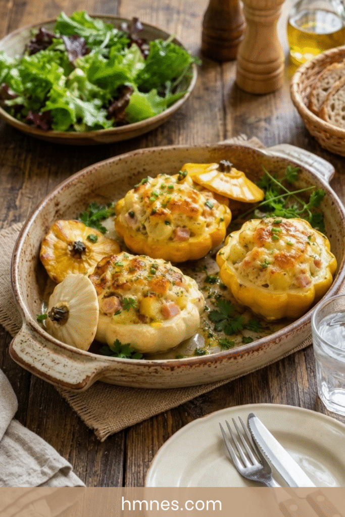 Pâtissons farcis au jambon, pommes de terre nouvelles et comté gratinés au four dans un plat rustique avec herbes fraîches.