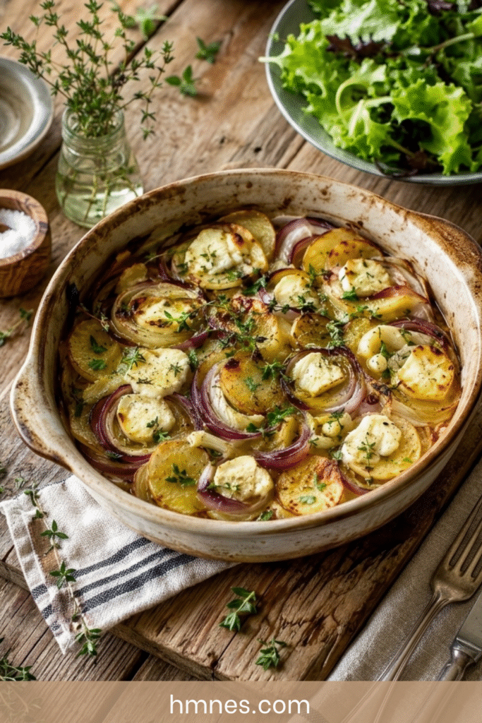 Tian fenouil pommes de terre et chèvre frais doré au four dans un plat rustique avec oignons rouges et thym frais.