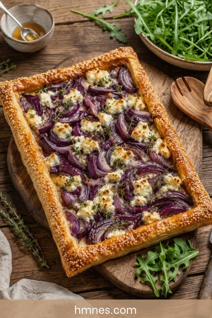 Tarte fine oignons rouges, fromage de brebis et thym dorée au four avec pâte croustillante et oignons fondants.