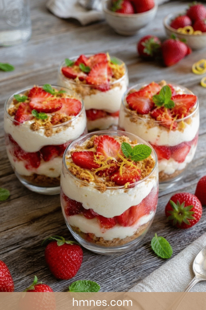 Verrines fraises mascarpone spéculoos avec crème citronnée, fraises fraîches, biscuits émiettés et menthe fraîche.