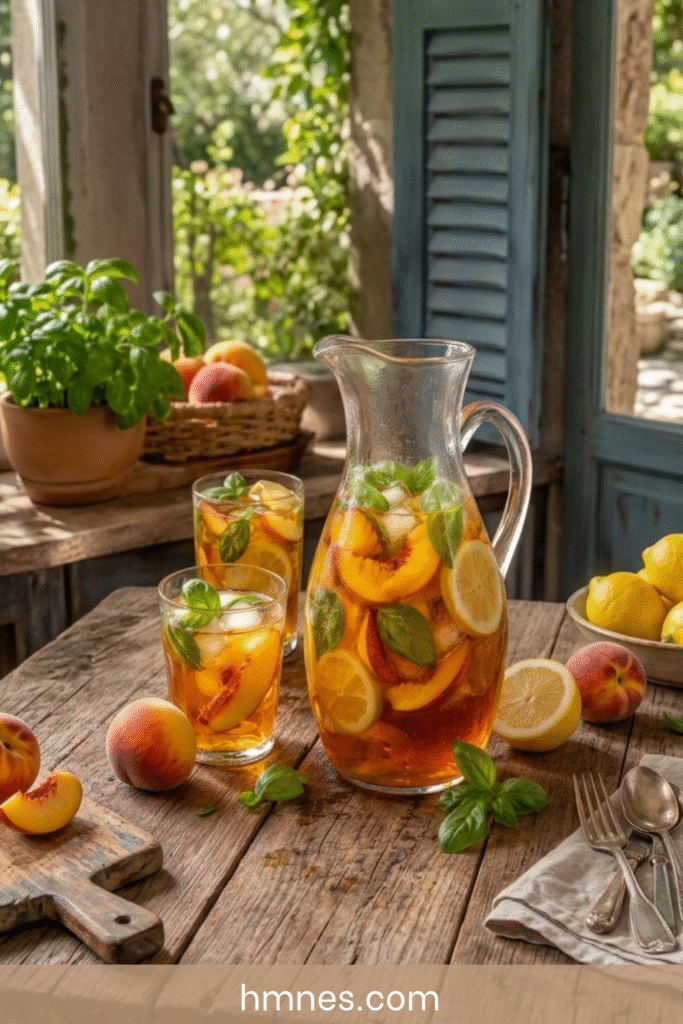 Thé glacé pêche citron basilic servi dans une carafe avec glaçons, tranches de pêche, rondelles de citron et feuilles de basilic.