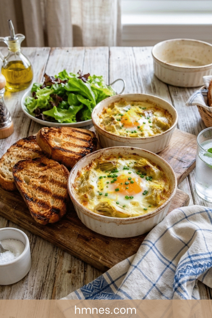 Œufs cocotte artichauts, crème citronnée et parmesan servis dans des ramequins rustiques avec pain grillé et herbes fraîches.