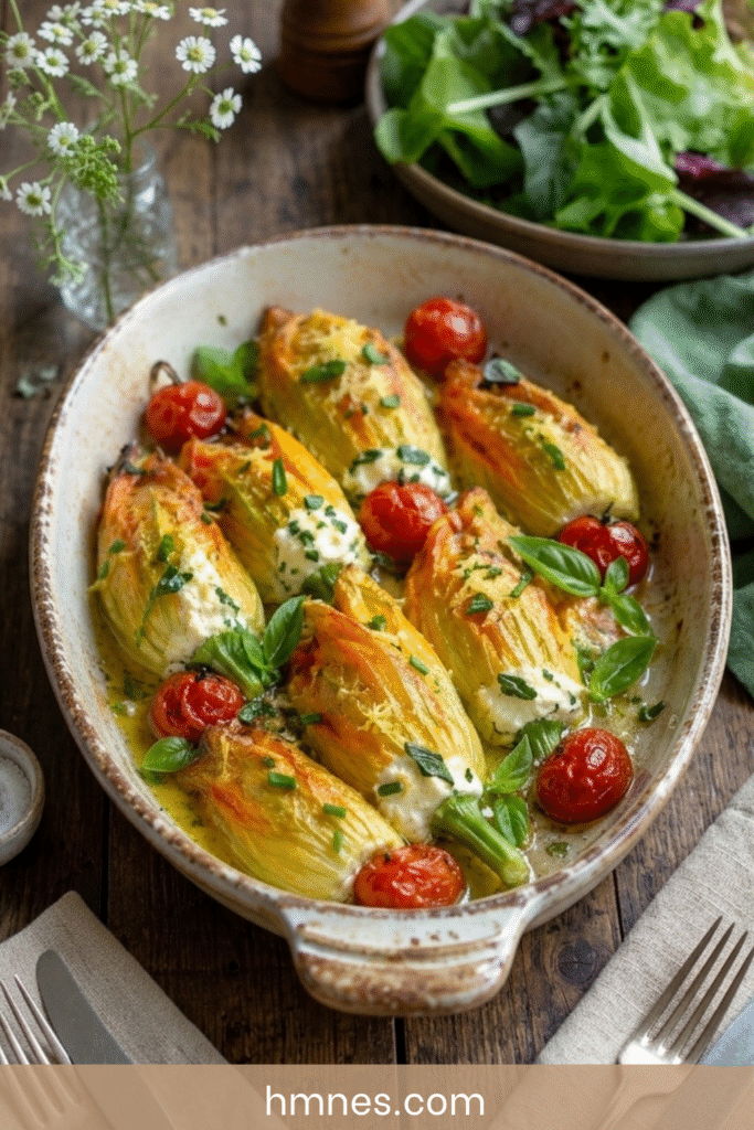 Fleurs de courgettes farcies à la ricotta, citron et basilic dorées au four dans un plat rustique avec herbes fraîches.