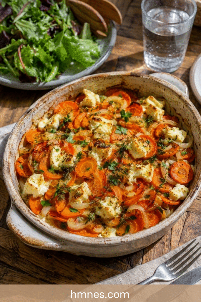 Tian carottes nouvelles, chèvre frais et thym doré au four dans un plat rustique avec oignons doux fondants.