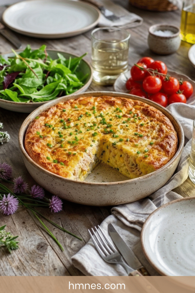 Quiche sans pâte thon, maïs et ciboulette dorée au four dans un plat rustique avec salade verte et texture moelleuse.