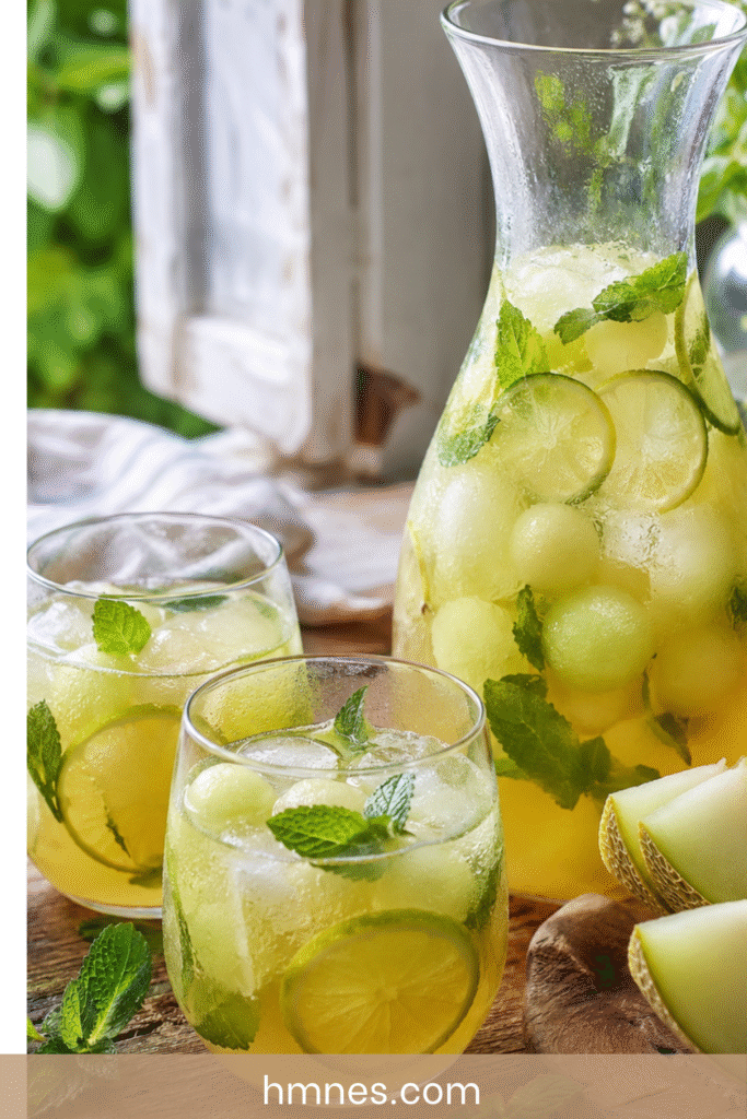 Boisson melon menthe au citron vert servie dans une carafe avec glaçons, billes de melon, rondelles de citron vert et feuilles de menthe.