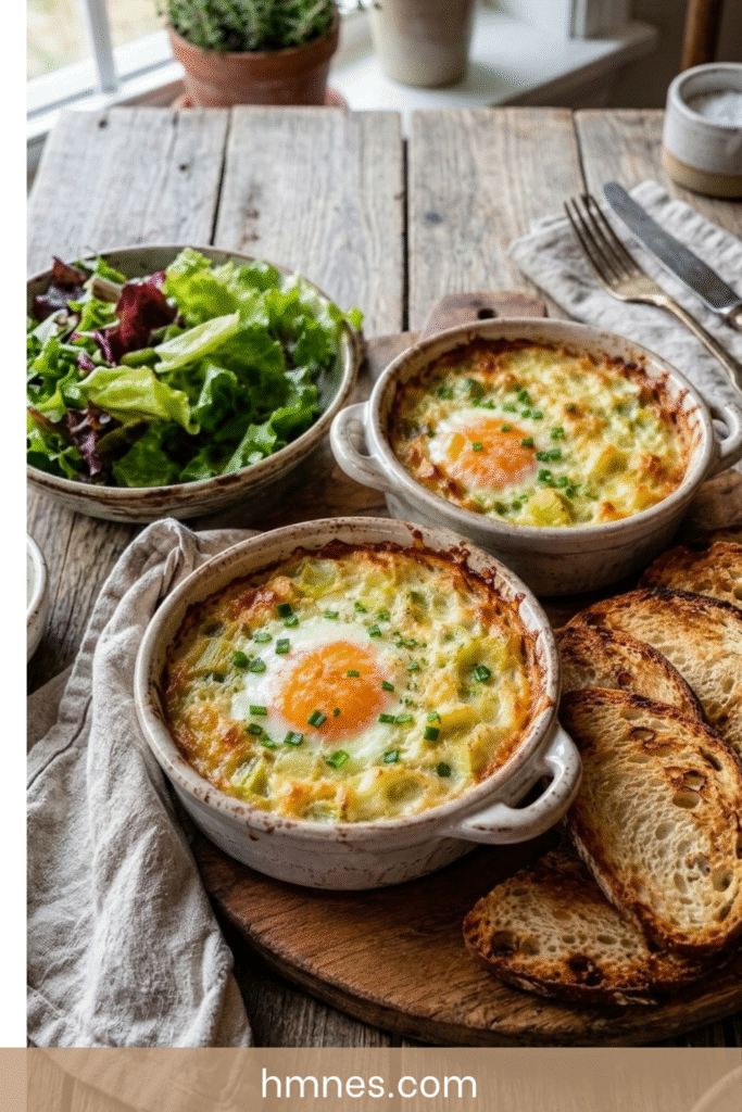 Œufs cocotte poireaux à la crème moutardée servis dans des ramequins rustiques avec emmental gratiné et pain grillé.