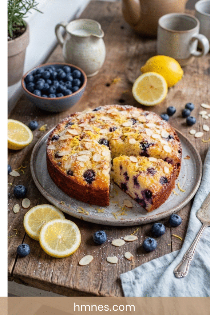 Gâteau myrtilles citron moelleux avec amandes effilées, tranches de citron et myrtilles fraîches sur une table rustique.