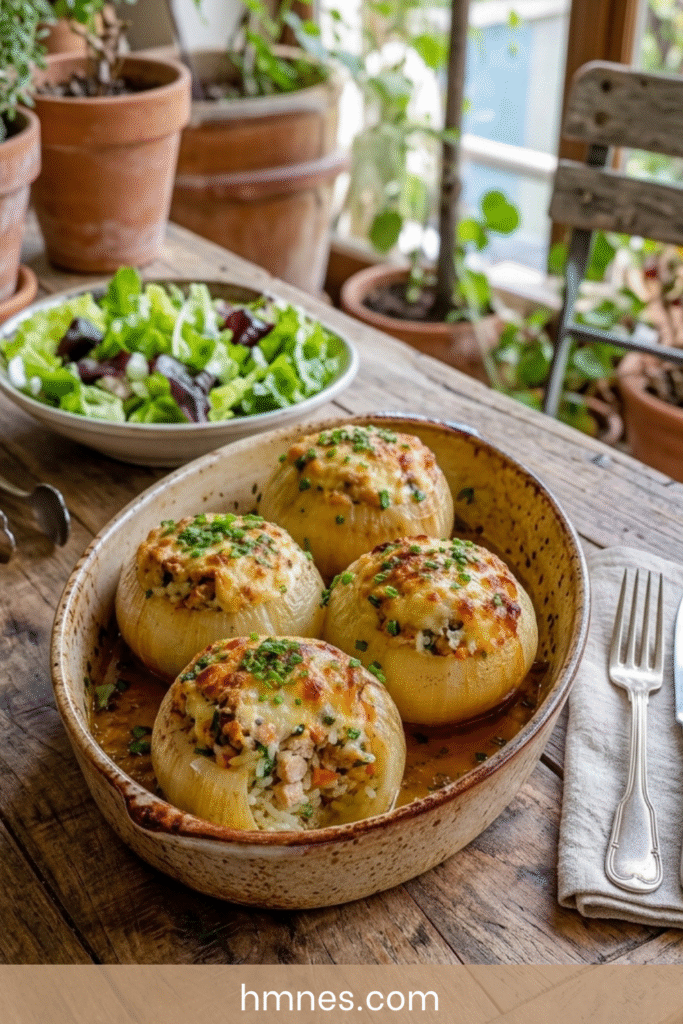 Oignons doux farcis au poulet, riz et herbes fraîches gratinés au four dans un plat rustique avec sauce légère.