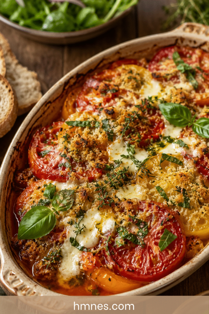 Gratin tomates anciennes, mozzarella et chapelure au basilic doré au four dans un plat rustique avec tomates colorées.