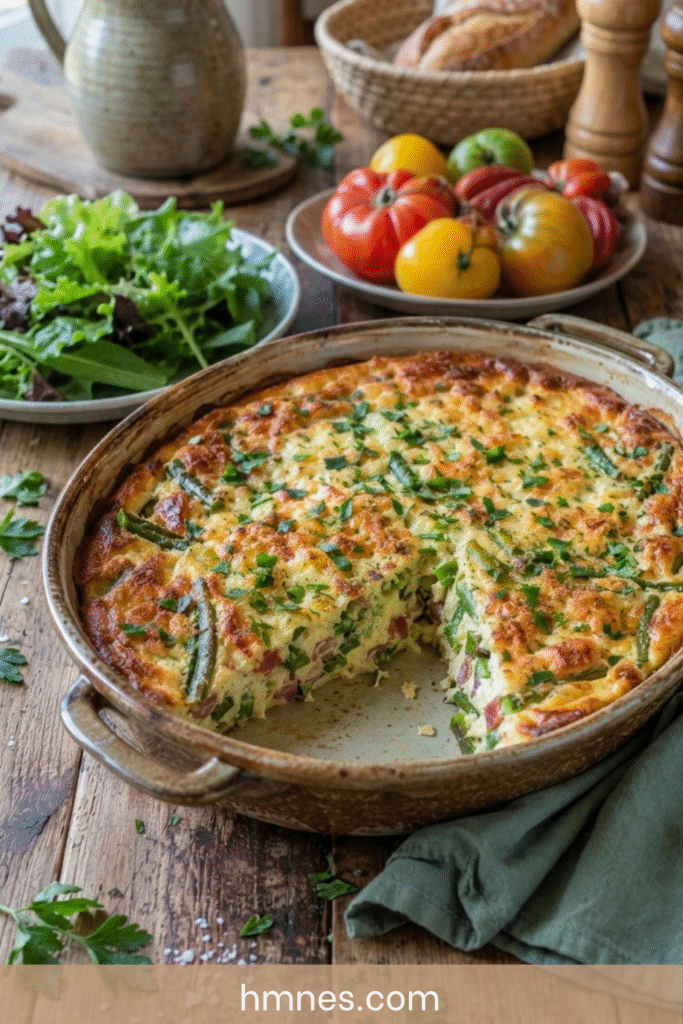 Clafoutis salé haricots verts, jambon cru et parmesan doré au four dans un plat rustique avec salade fraîche.