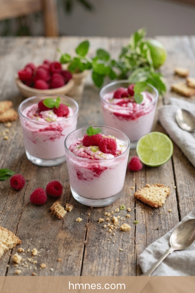 Mousse framboises yaourt grec servie en verrines avec citron vert, framboises fraîches et menthe sur une table rustique.