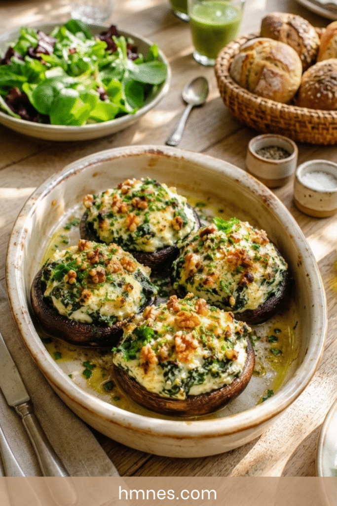Champignons farcis ricotta, épinards et noix gratinés au four dans un plat rustique avec herbes fraîches et salade verte.