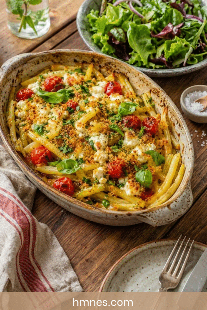 Gratin haricots beurre, tomates cerises et feta doré au four dans un plat rustique avec herbes fraîches et chapelure.