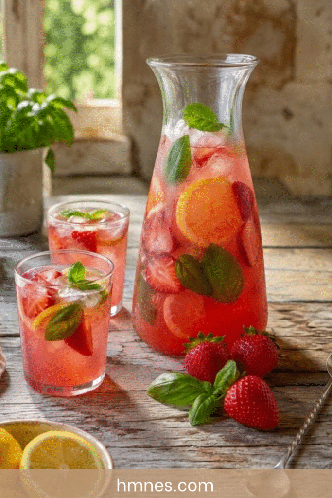Limonade fraise basilic servie dans une carafe avec fraises fraîches, rondelles de citron, feuilles de basilic et glaçons.