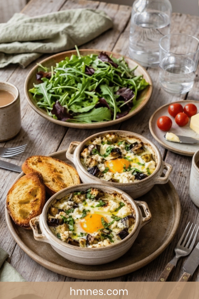 Œufs cocotte aubergines rôties, feta et basilic servis dans des ramequins rustiques avec crème onctueuse et pain grillé.