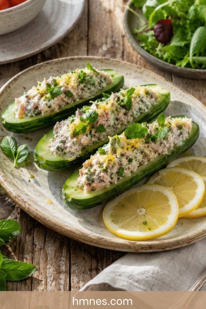 Concombres farcis thon, fromage frais et herbes fraîches servis froids sur une assiette rustique avec citron et salade.