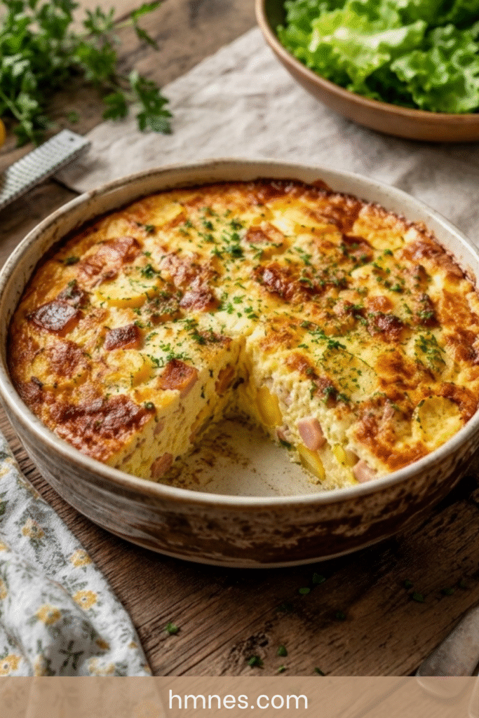 Clafoutis salé courgette jaune, jambon blanc et comté doré au four dans un plat rustique avec herbes fraîches.