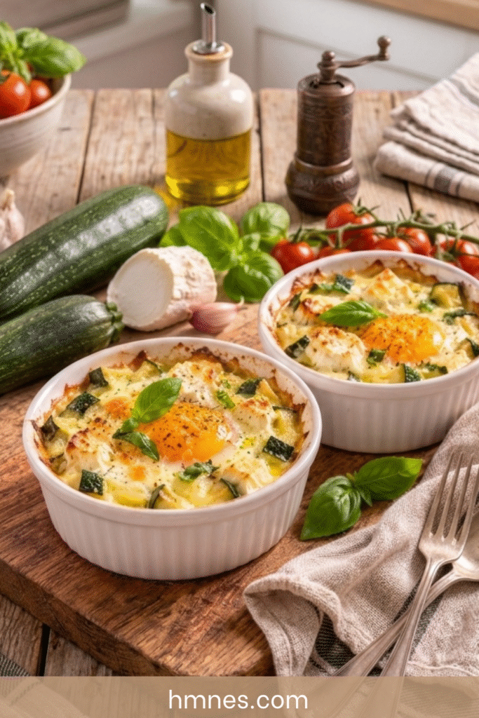 Œufs cocotte aux courgettes, chèvre frais et basilic gratinés au four dans des ramequins en céramique.