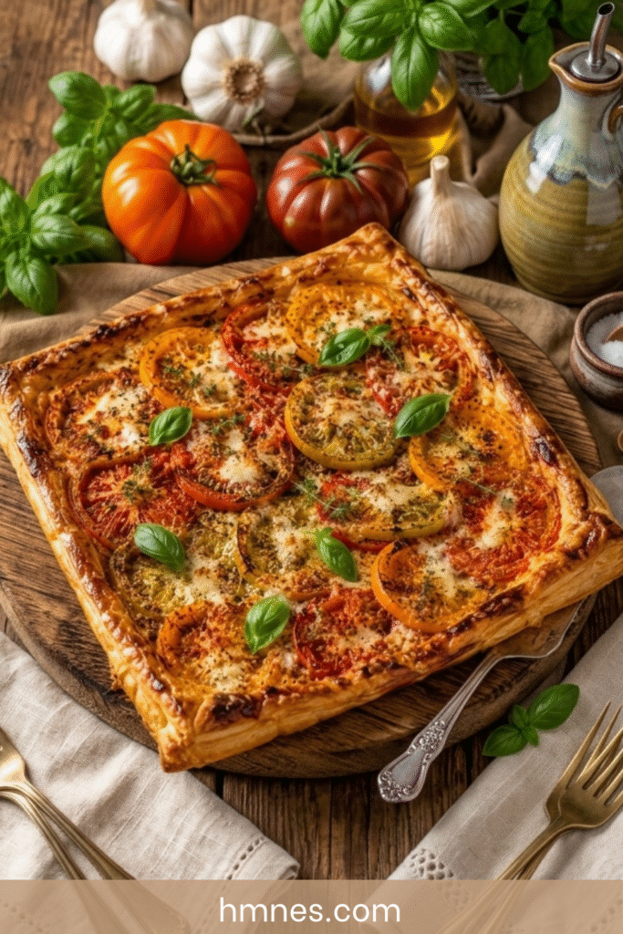 Tarte tomate à la moutarde ancienne et mozzarella fraîche, dorée au four sur une planche en bois.