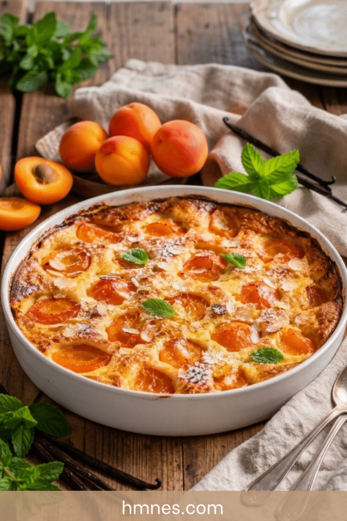 Clafoutis aux abricots moelleux et doré servi dans un plat en céramique avec des abricots frais.