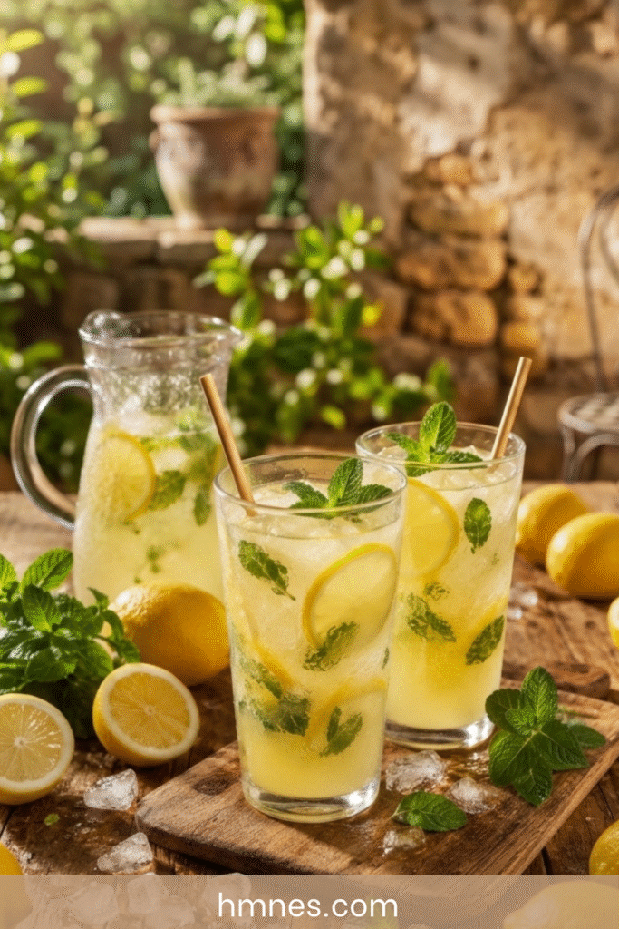 Deux verres de citronnade maison à la menthe avec glaçons, rondelles de citron et feuilles de menthe fraîche.