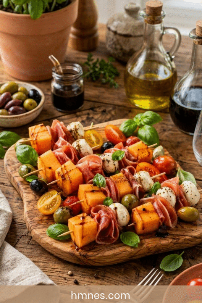 Brochettes melon, jambon cru et mozzarella servies sur une planche en bois avec basilic frais.