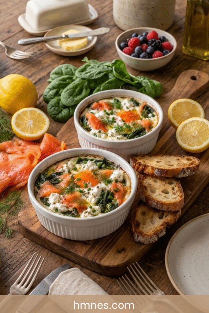 Œufs cocotte aux épinards, saumon fumé et ricotta cuits au four dans des ramequins.