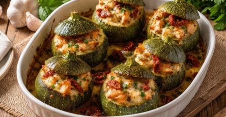 Courgettes farcies au poulet, mozzarella et tomates séchées gratinées au four dans un plat en céramique.