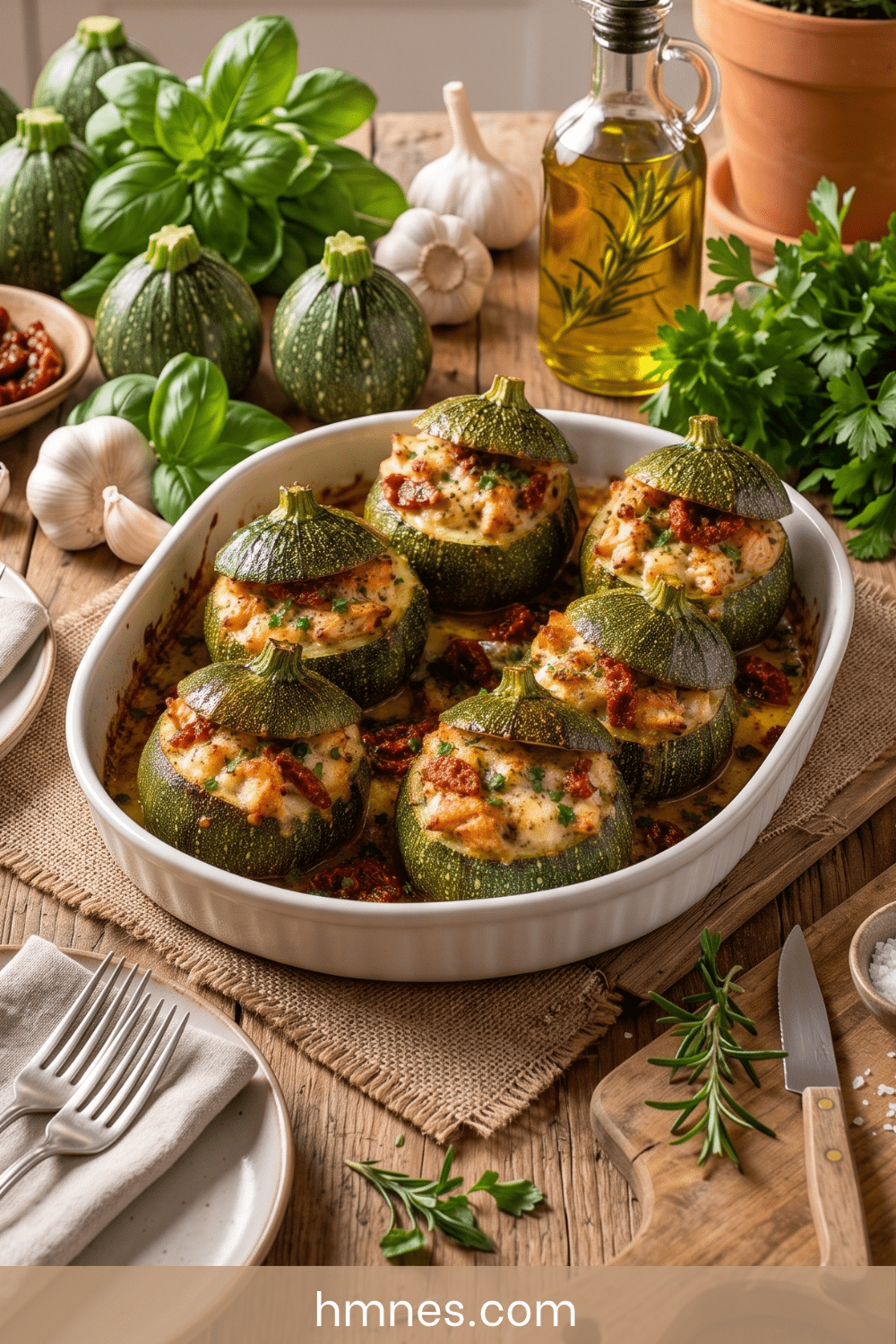 Courgettes farcies au poulet, mozzarella et tomates séchées gratinées au four dans un plat en céramique.
