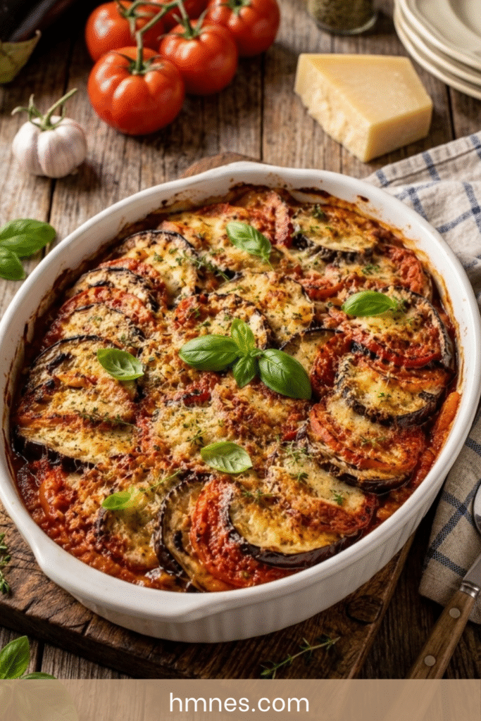 Gratin provençal aux aubergines, tomates et parmesan gratiné au four dans un plat en céramique.
