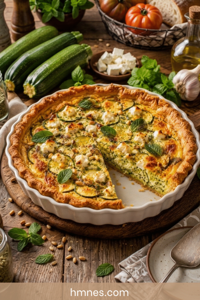 Quiche aux courgettes, feta et menthe dorée au four avec une pâte croustillante.