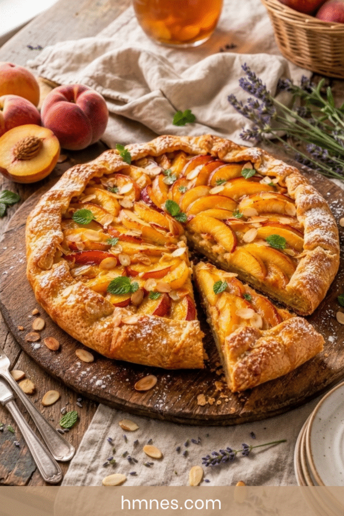 Tarte rustique aux pêches et amandes dorée au four avec une pâte croustillante.