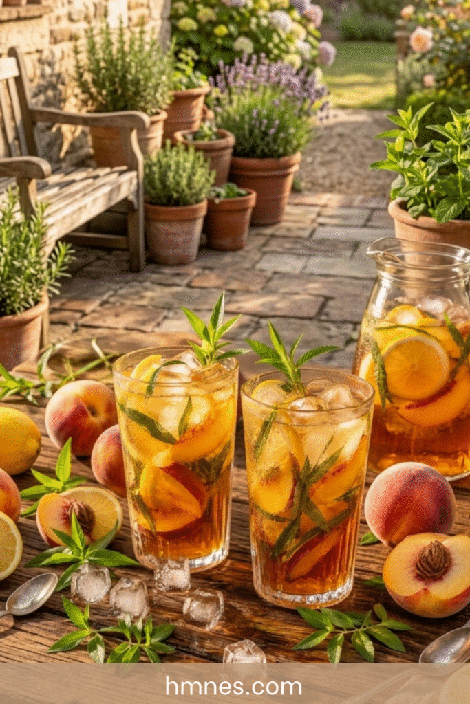 Deux verres de thé glacé maison à la pêche avec glaçons, verveine fraîche et rondelles de citron.