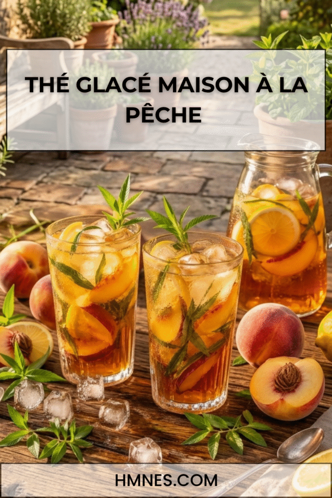 Deux verres de thé glacé maison à la pêche avec glaçons, verveine fraîche et rondelles de citron.