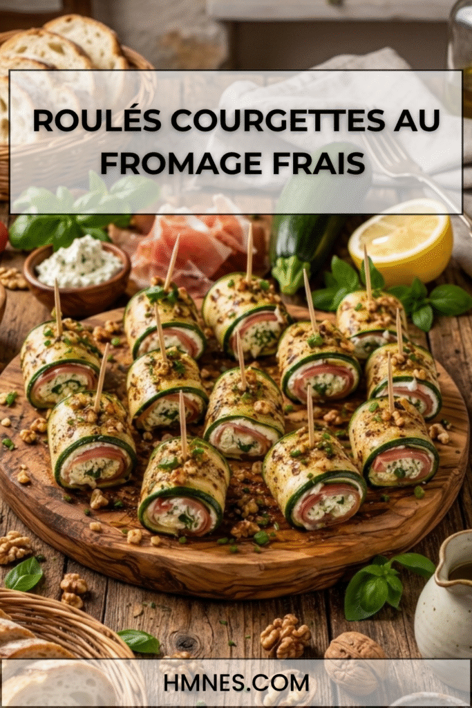 Roulés de courgettes grillées garnis de fromage frais, jambon cru et herbes sur une planche en bois.