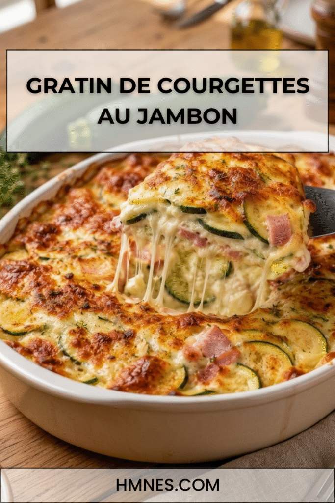 Gratin courgettes au jambon doré avec une part fondante et du fromage filant