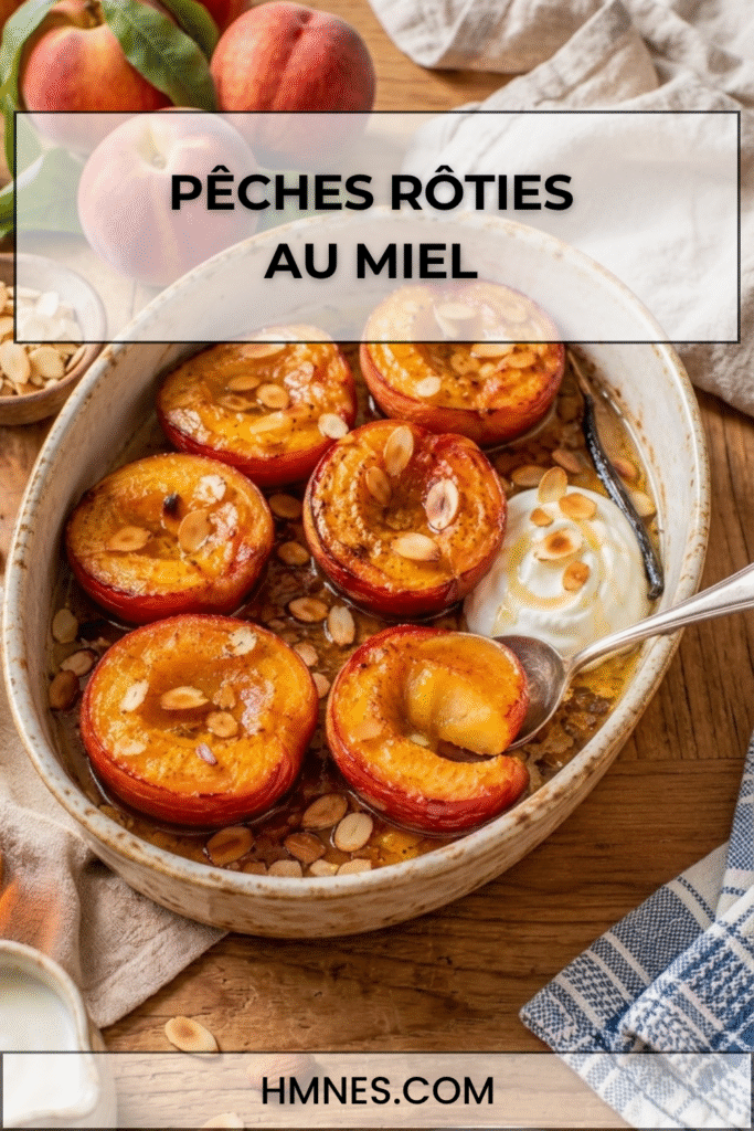 Pêches rôties au miel fondantes avec jus caramélisé et amandes grillées