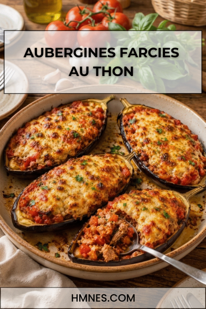 Aubergines farcies au thon et tomates avec fromage gratiné au four