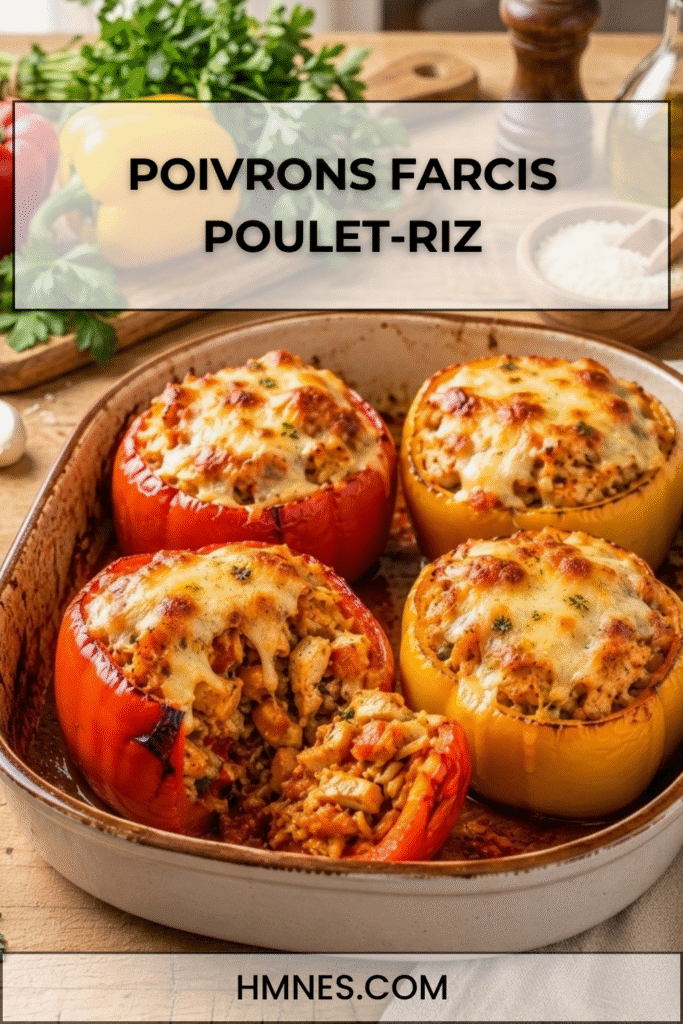 poivrons farcis au poulet et au riz gratinés dans un plat familial