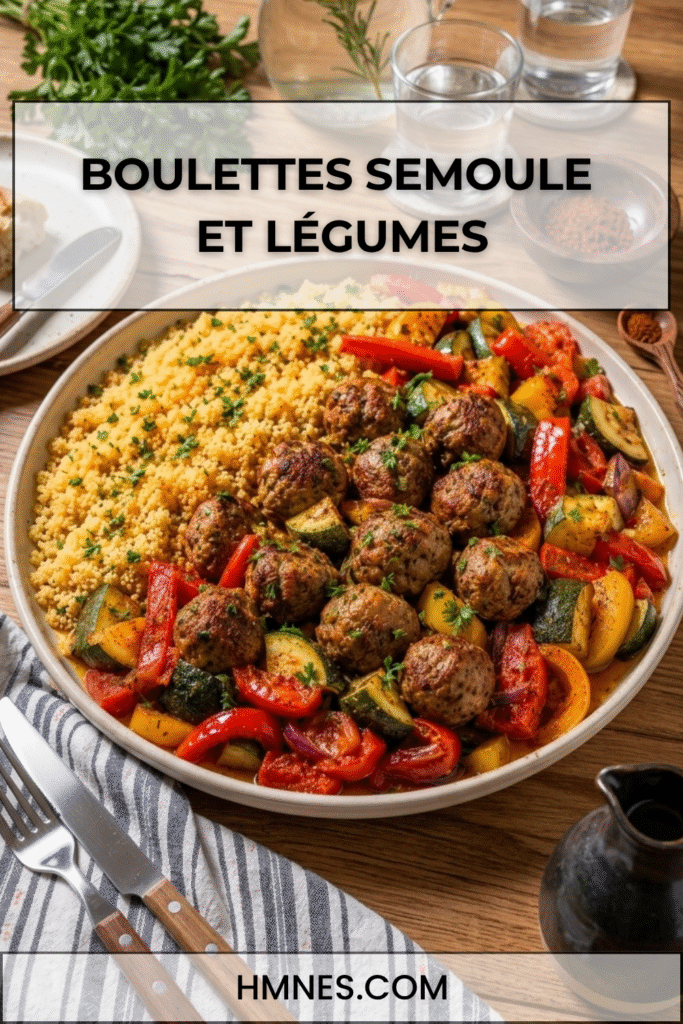 Boulettes semoule servies avec des légumes rôtis colorés