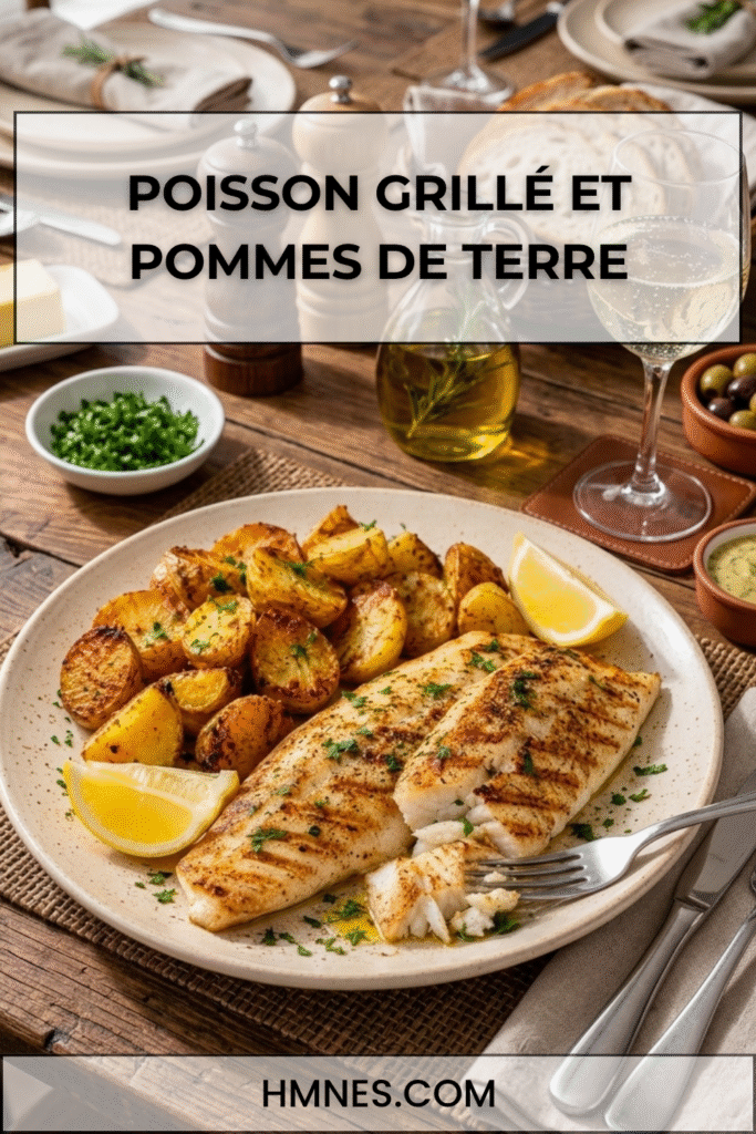 Poisson grillé servi avec des pommes de terre dorées
